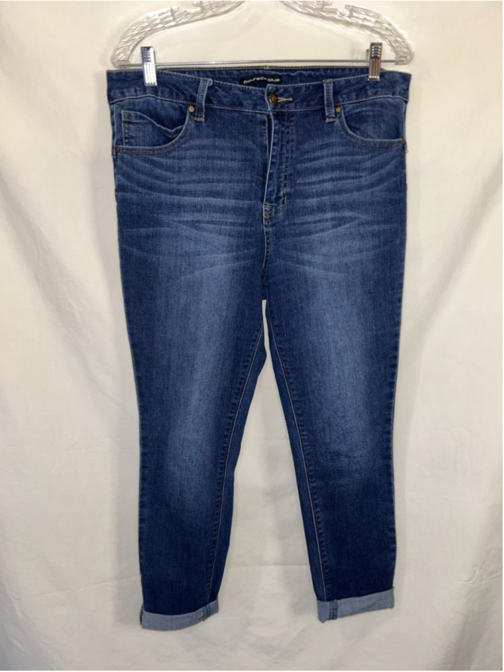 Poured in Blue Jeans High Rise Size 14 5 Pocket 33 x 27 Cute cuffed Straight EUC